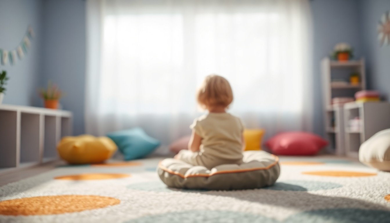 An extremely abstracted, out-of-focus photograph of a child sitting on a cushion in a sensory room, surrounded by soft pools of warm color and light, conveying a sense of peace and tranquility.