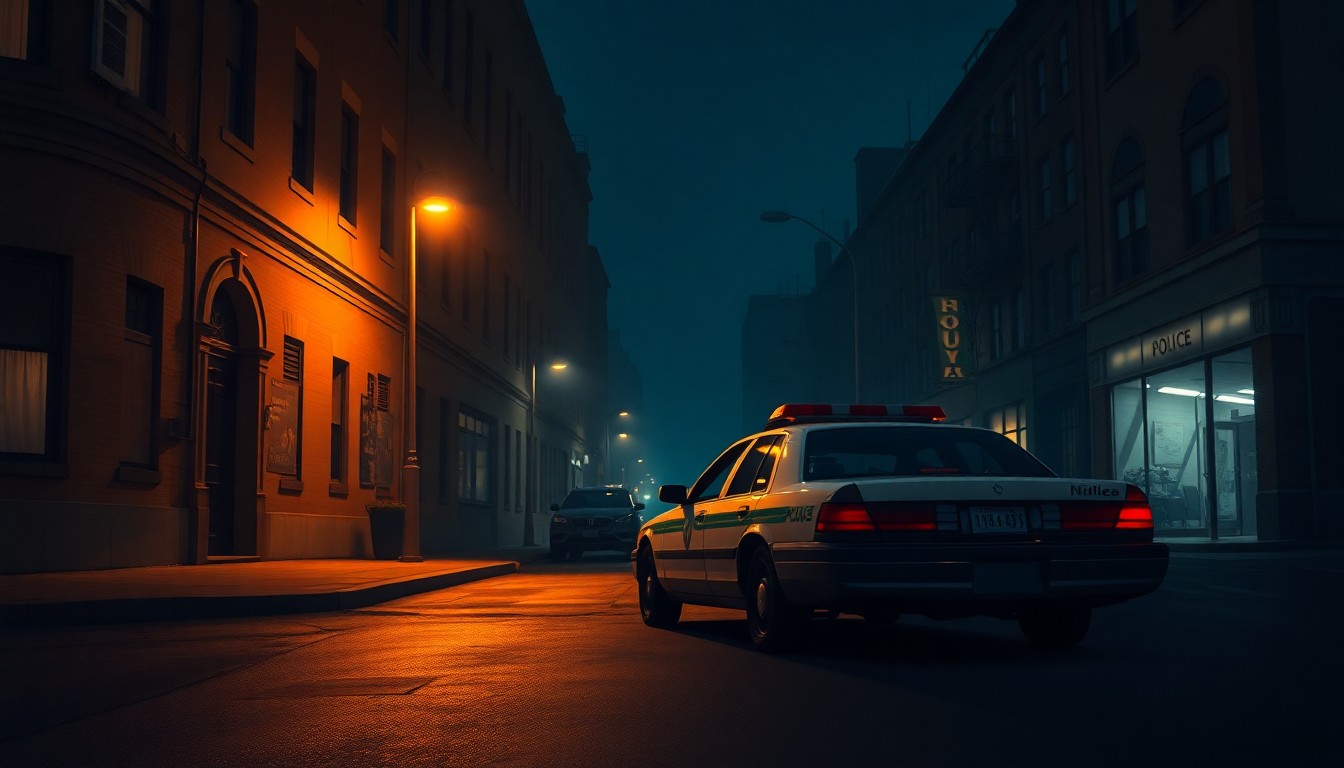 A realistic oil painting depicting a lone police car parked on a shadowy urban street, with warm sunlight casting dramatic shadows across the scene, conveying a sense of melancholy and uncertainty surrounding the political battle over local control.