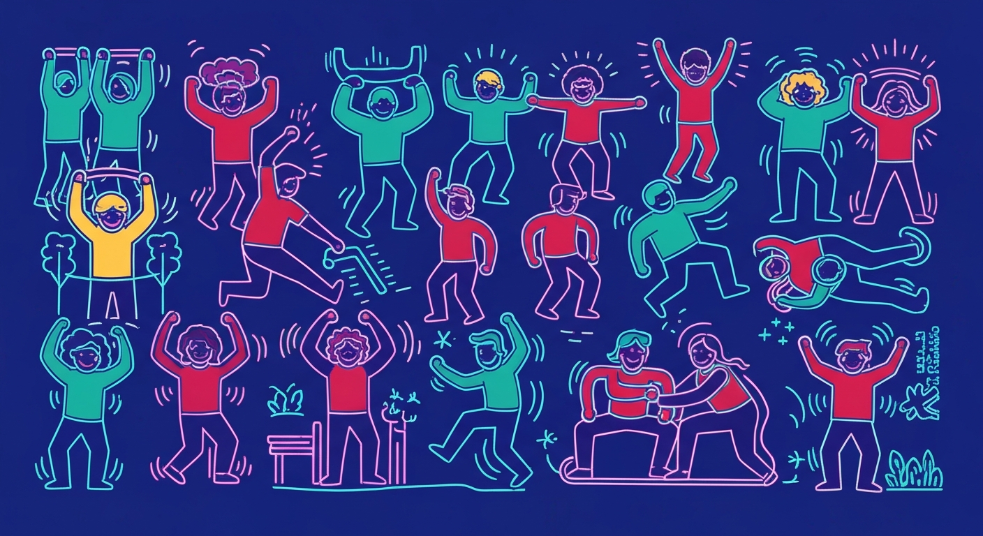 A minimalist neon outline illustration showing a group of people engaged in various wellness activities like running, yoga, and group discussions, representing the community-driven approach to improving public health in Goodhue County.