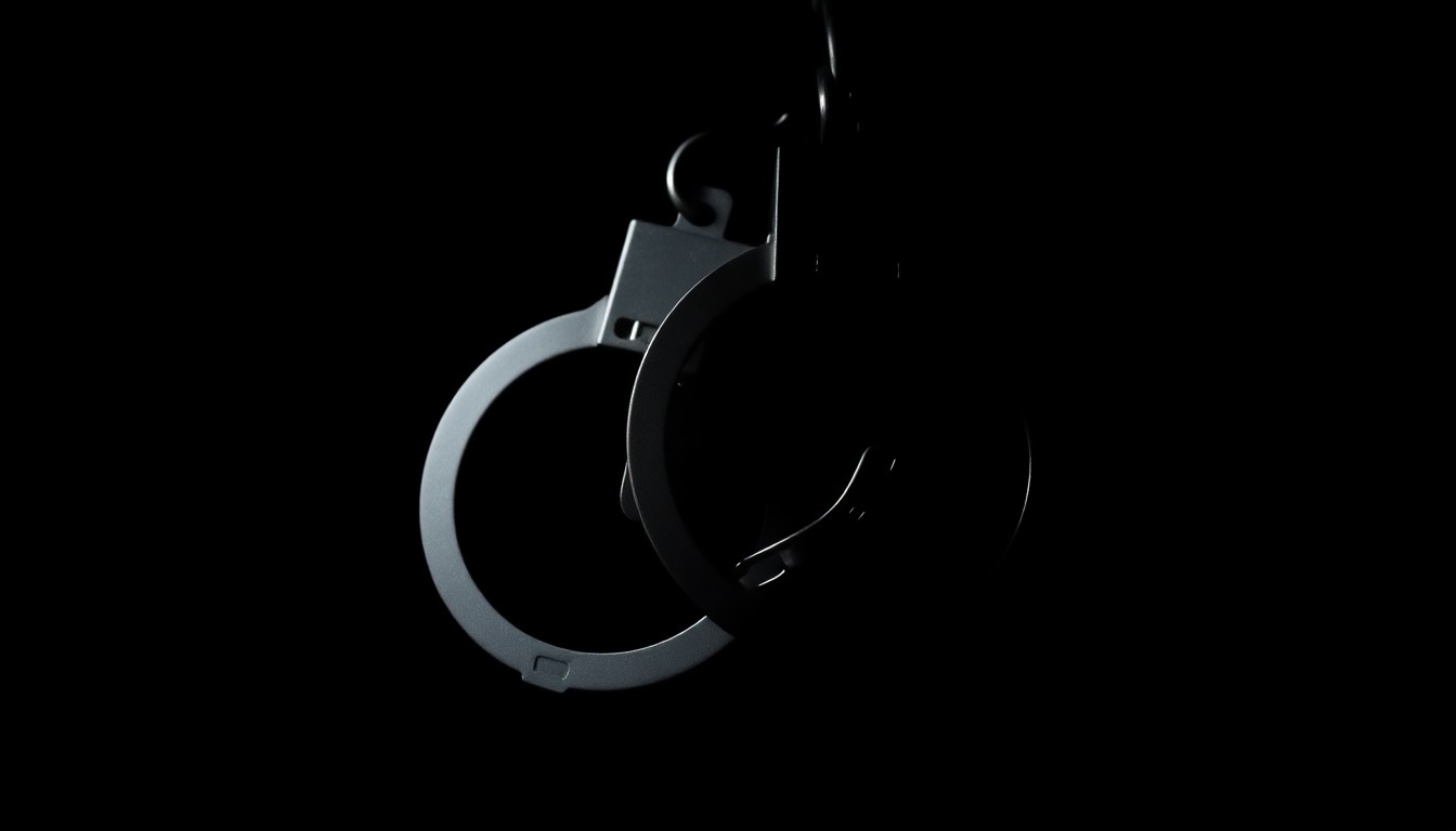 An extreme close-up photograph of a police badge or handcuffs against a pitch-black background, lit by a harsh, direct camera flash, conceptually illustrating the gritty, investigative nature of this crime story.