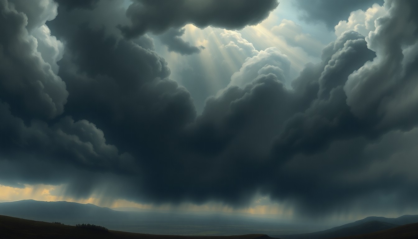 A sweeping, atmospheric landscape painting in muted tones of grey, blue, and green, with a dramatic, turbulent sky filled with dark, swirling clouds that obscure the distant horizon, conveying the overwhelming power of an approaching storm system.