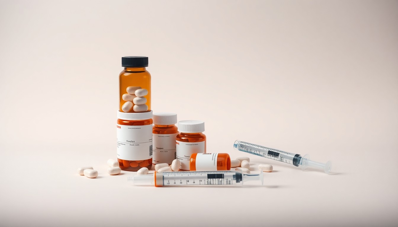 A high-end, photorealistic studio still-life photograph featuring a stack of pharmaceutical pill bottles and syringes arranged elegantly on a clean, monochromatic seamless background, conceptually representing Indivior's role in the opioid crisis.