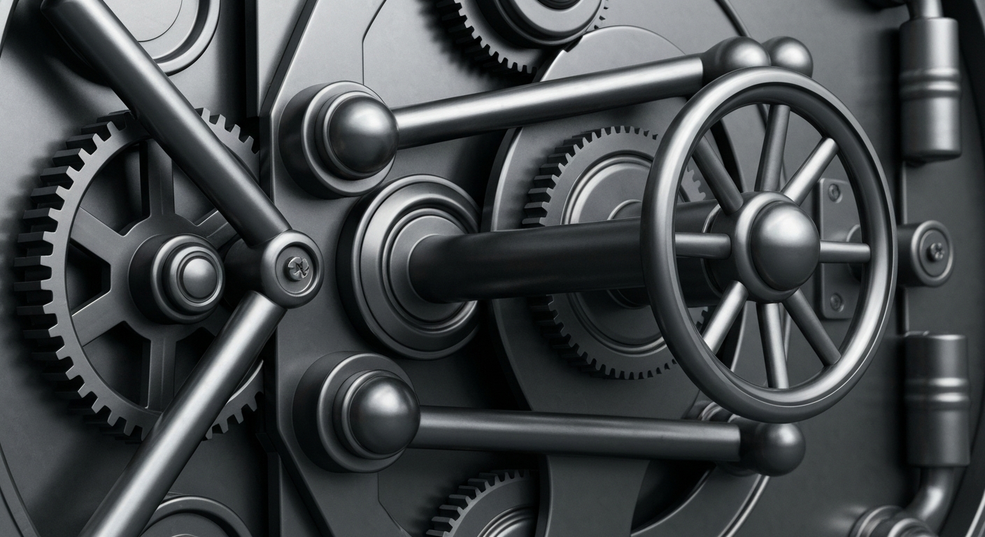 An extreme close-up of the complex gears and mechanisms of a bank vault door, conveying the strength and security of the financial industry.