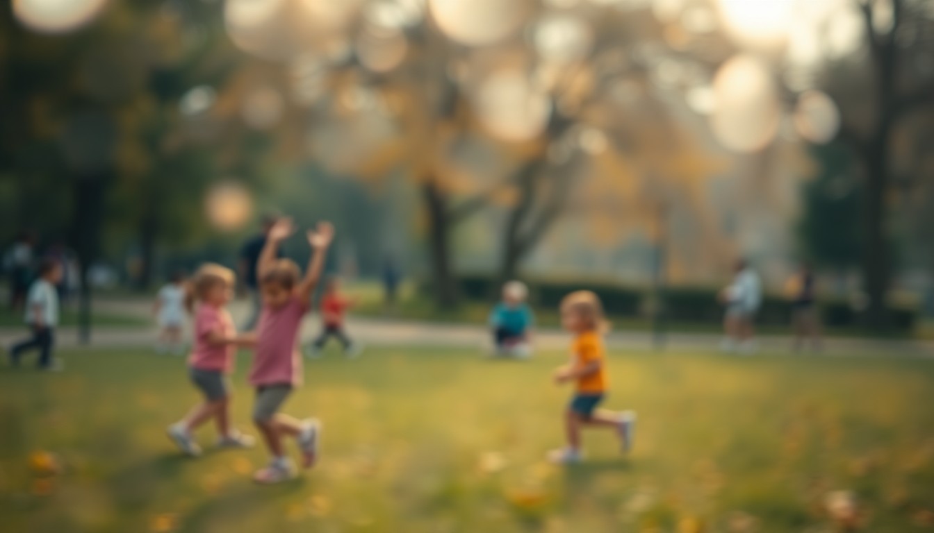 An abstract, impressionistic scene of children playing in a park, with blurred shapes and vibrant, out-of-focus colors representing the energy and joy of summer camp.