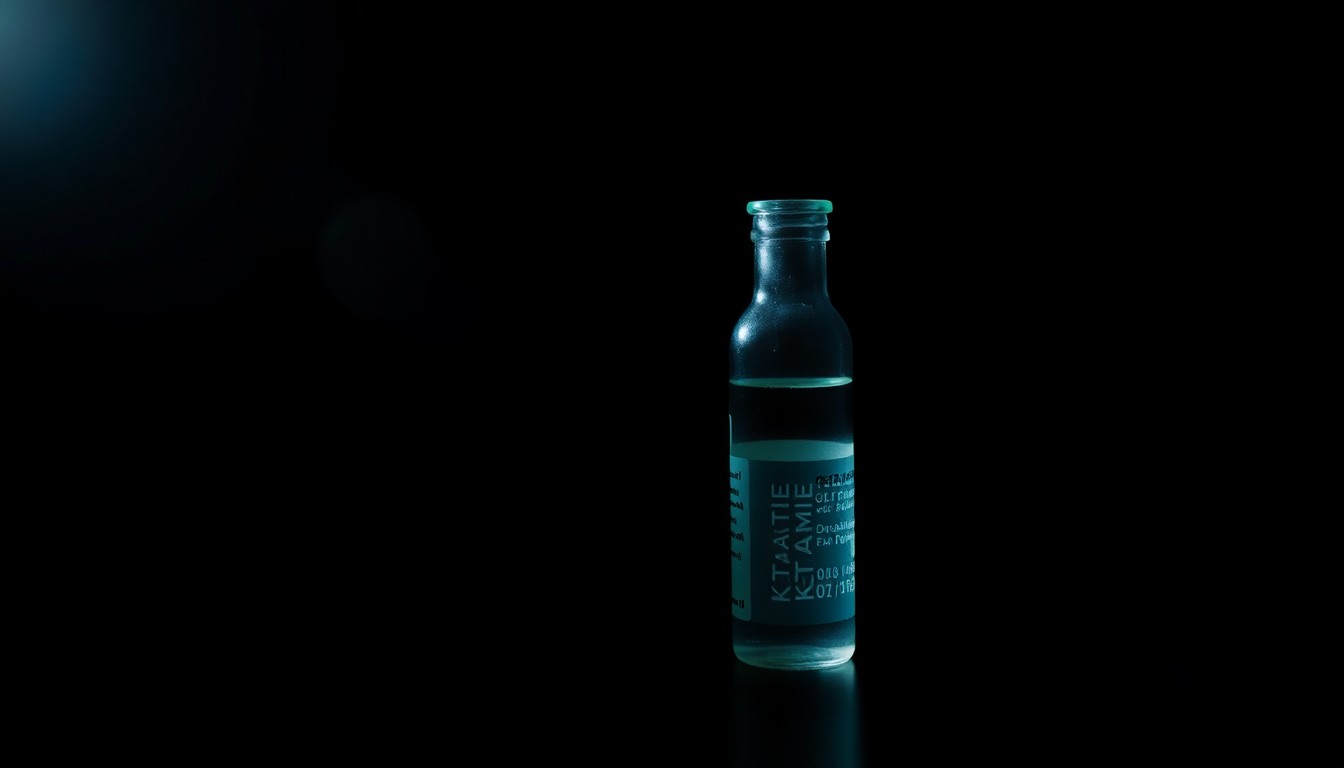 An extreme close-up photograph of a single vial of clear liquid, possibly ketamine, lit by a harsh, direct camera flash against a pitch-black background, conceptually representing the investigation and evidence surrounding a high-profile drug case.
