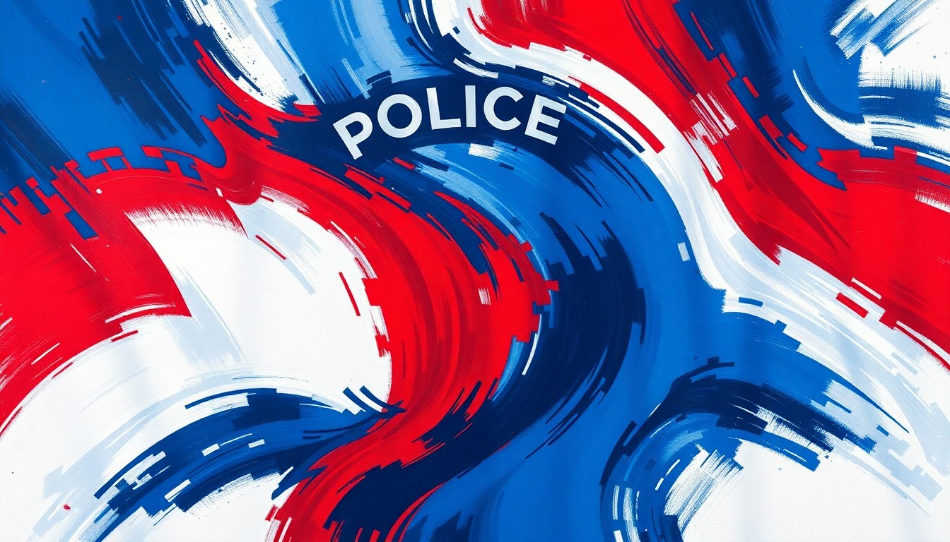 A dynamic, abstract painting featuring overlapping geometric shapes and waves of bold primary colors, conceptually representing the combative political climate surrounding a conservative law enforcement leader's statewide campaign.