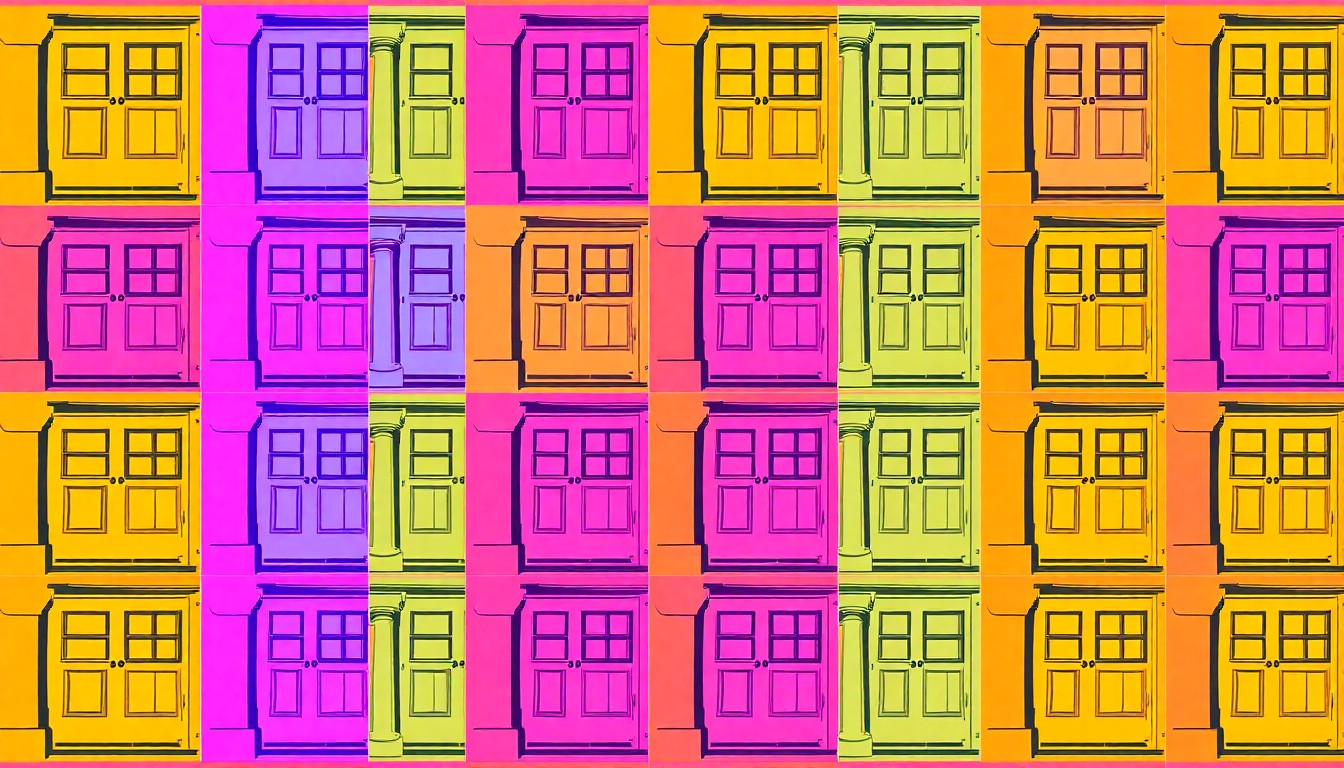 A brightly colored, high-contrast silkscreen print of a single, iconic Virginia Beach home exterior object, such as a front door or window, repeated in a tight grid pattern in the style of Andy Warhol, conceptually representing the pop art-inspired visual appeal of the property.