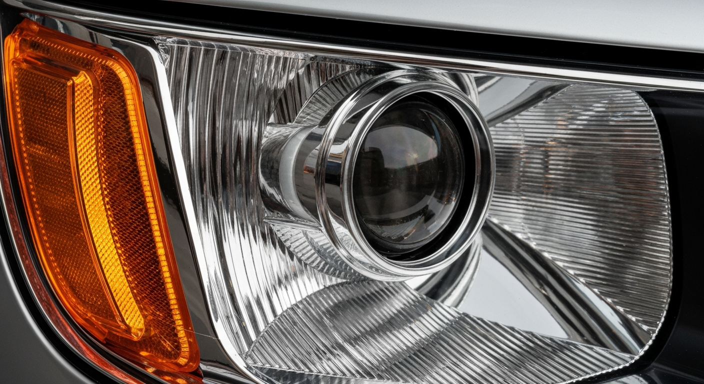 An extreme close-up photograph of the pebbled, textured surface of a car's headlight lens, capturing the intricate details and subtle colors in a dramatic, artistic style.