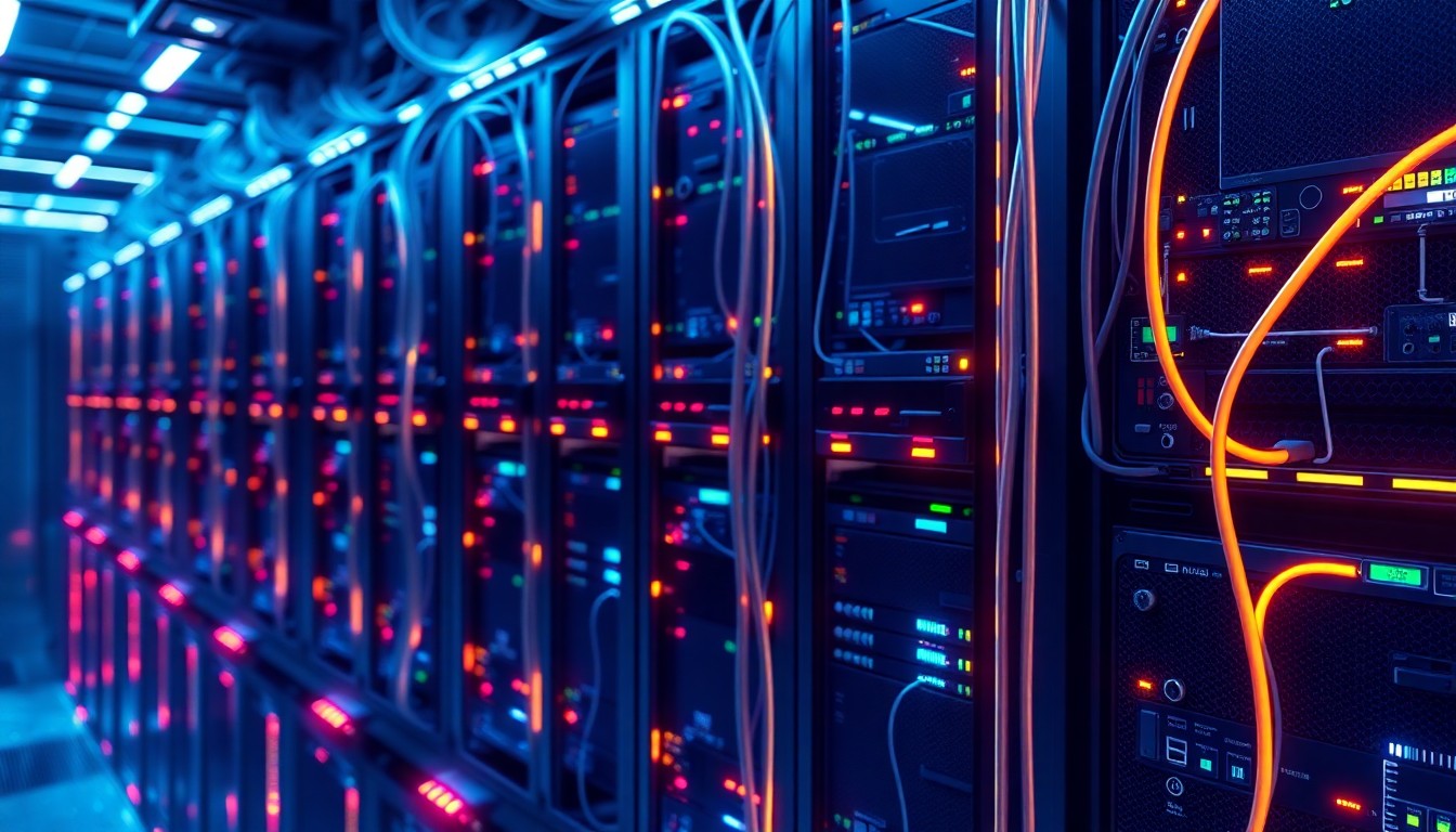 A highly detailed, glowing 3D illustration of a futuristic server rack with pulsing neon-lit cables and circuits, conceptually representing the complex digital infrastructure that Sigma Automate's platform helps enterprises manage and automate.