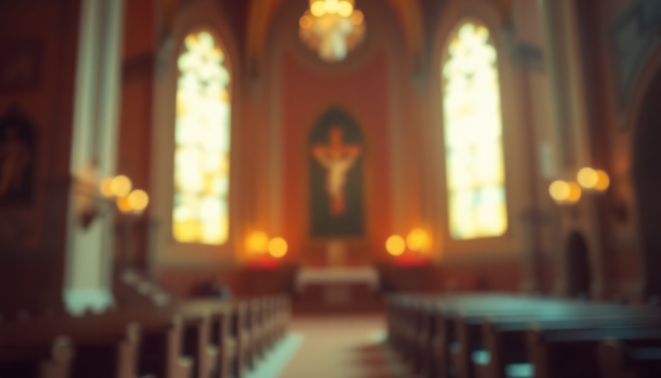 An extremely abstracted, out-of-focus photograph of a church interior, with soft pools of warm light and color creating a serene, meditative atmosphere.