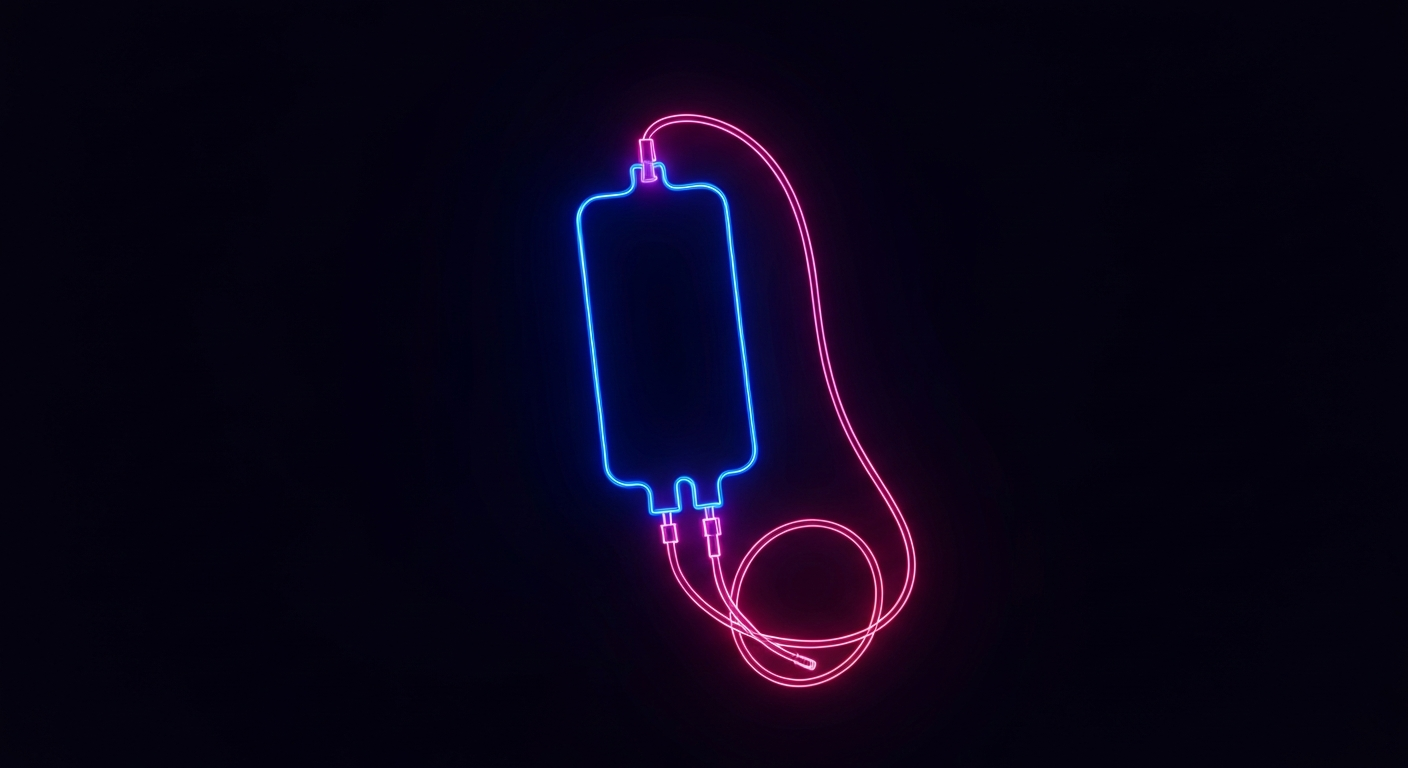 A glowing neon outline of a medical infusion bag and tubing, floating against a dark background, conceptually representing the specialized healthcare services offered at the new Soleo Health facility.