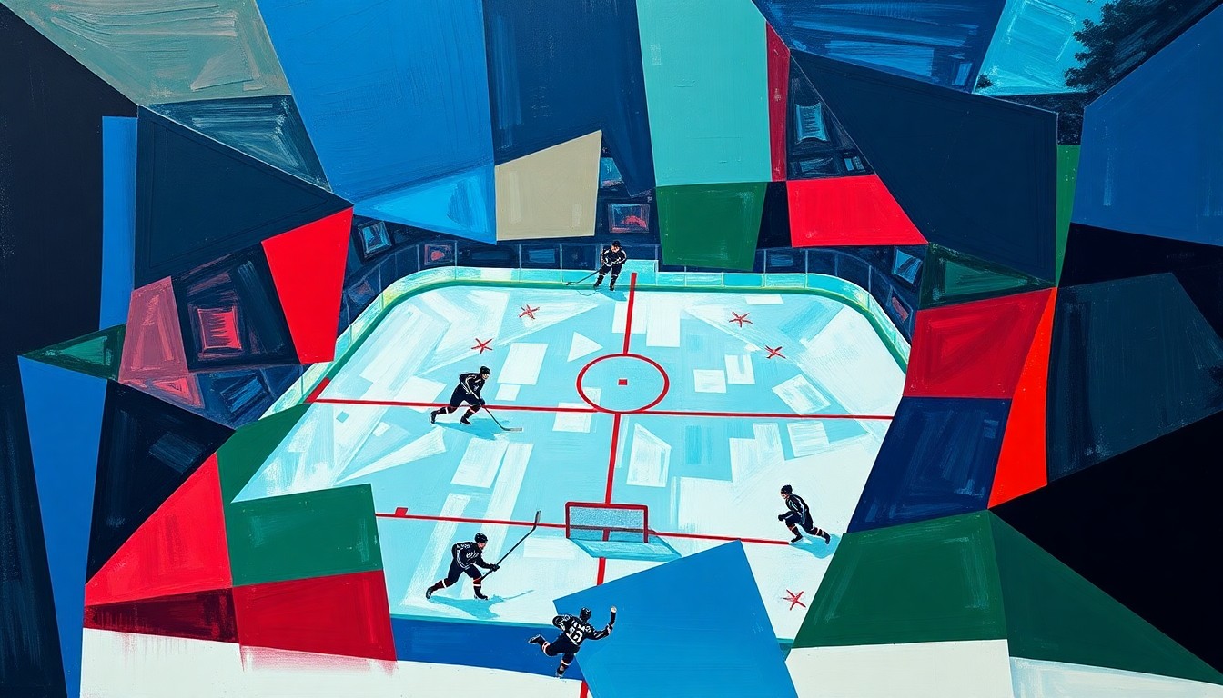A fractured, cubist-style painting depicting the chaotic action of a hockey game, with players and the puck broken down into overlapping geometric shapes in shades of blue, green, and red.
