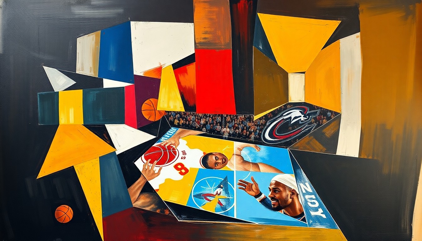 A fragmented, geometric painting depicting a basketball game between two teams, with the players and court broken down into sharp, overlapping shapes and planes of color.