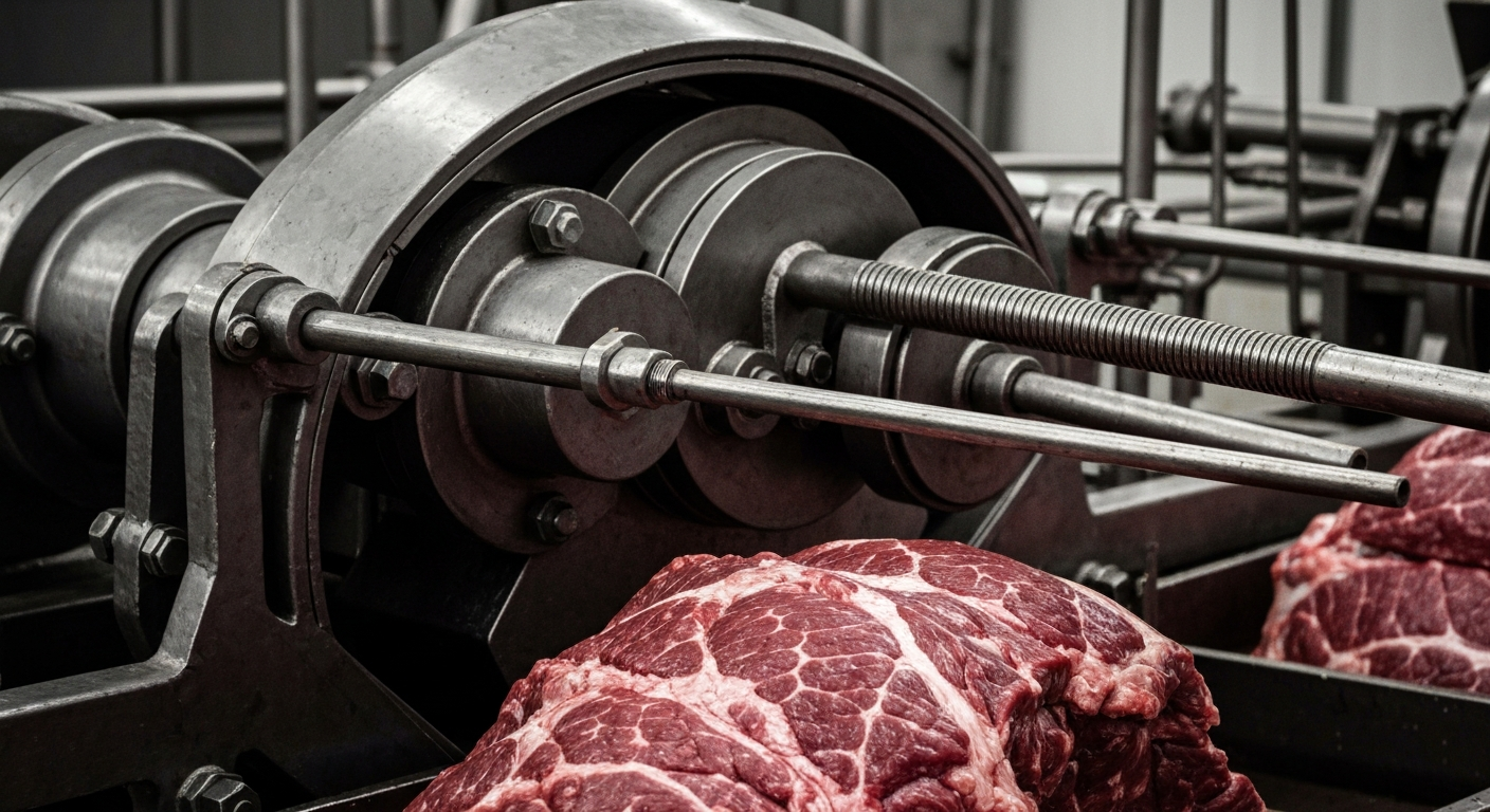 An extreme close-up of industrial meat processing equipment, conveying a sense of scale, efficiency and power without using any literal financial symbols or currency.