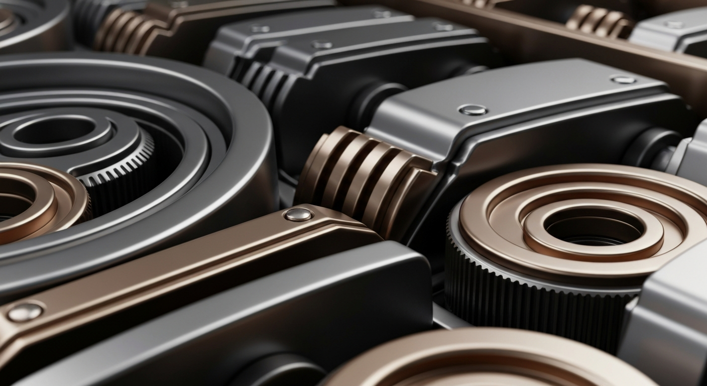 An extreme close-up of intricate, heavy-duty banking machinery and mechanisms, conveying the secure, powerful infrastructure of the financial industry without using any literal currency or charts.