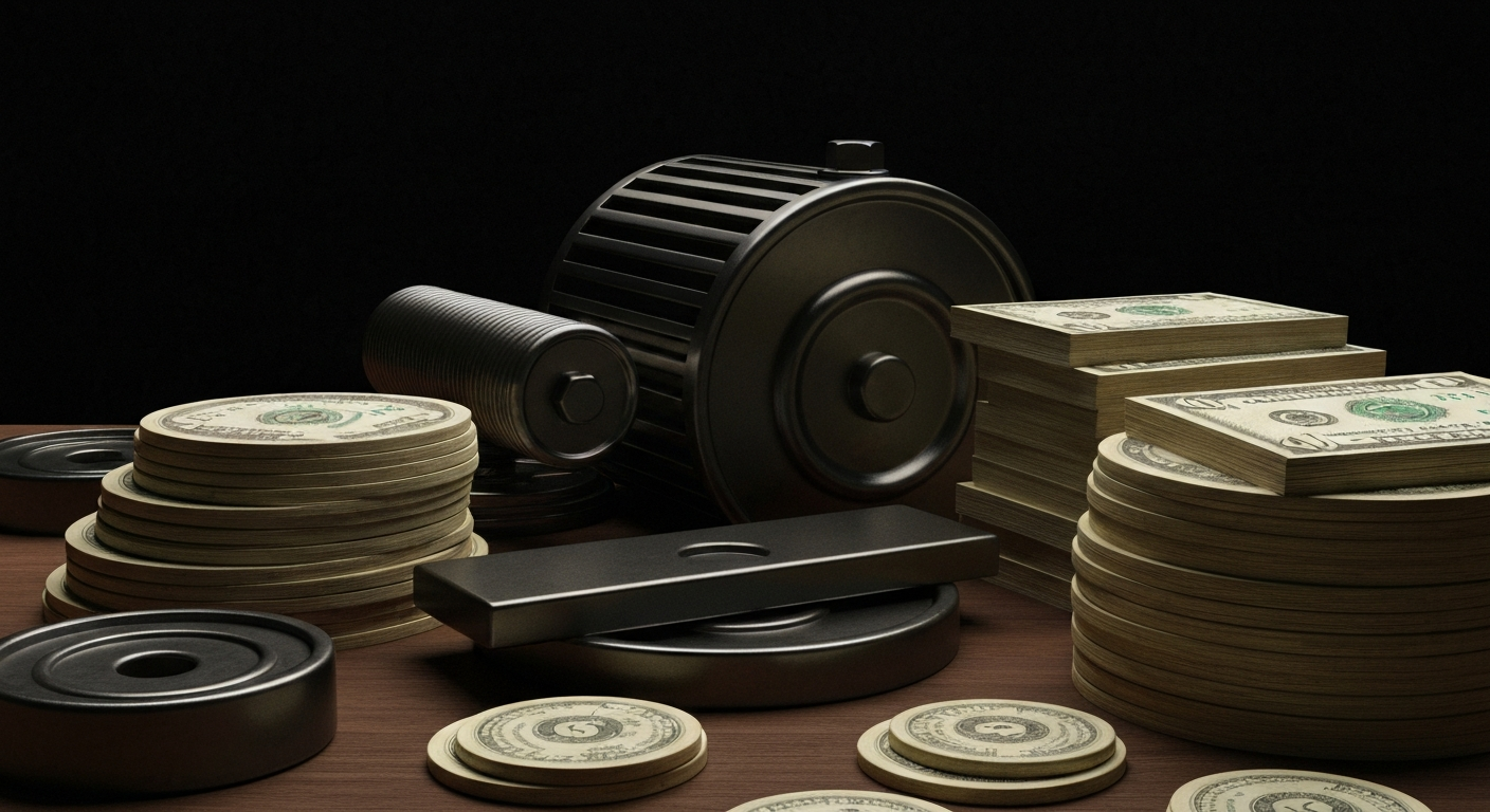 An extreme close-up of intricate, industrial-looking financial machinery and equipment, conveying a sense of the complex systems that underpin the modern economy.