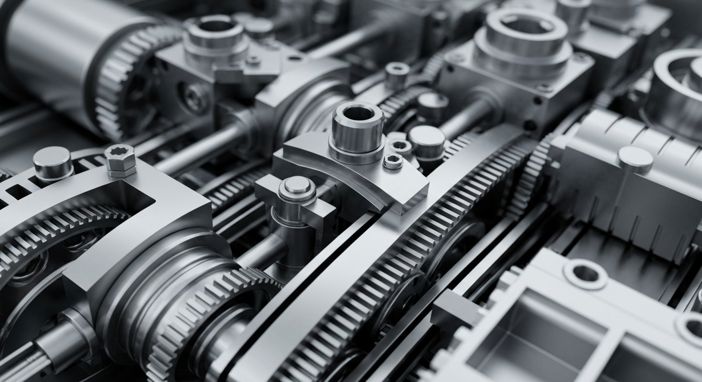 An extreme close-up of intricate, polished metal gears and machinery in shades of silver, steel, and gunmetal grey, conceptually representing the complex, high-precision equipment used in semiconductor fabrication.