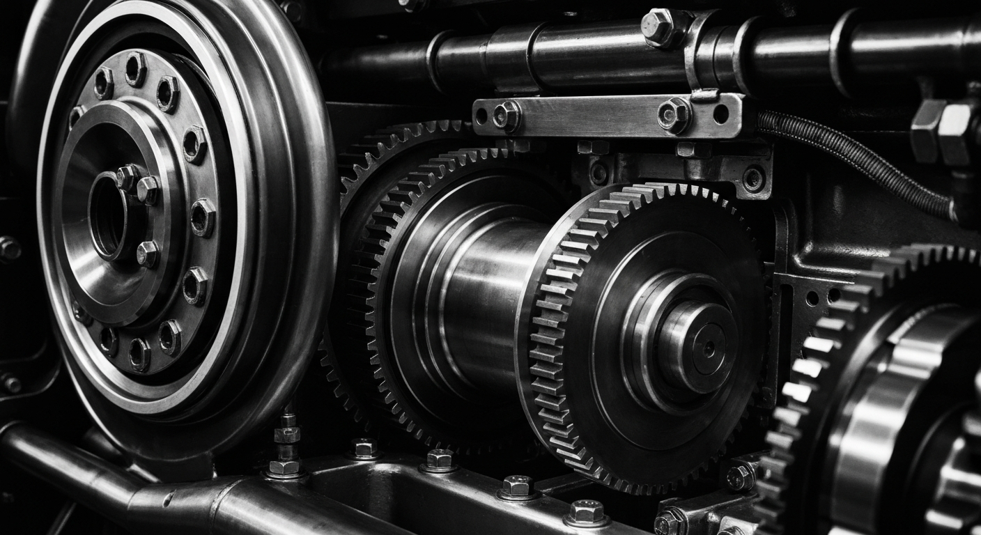 A high-contrast, black-and-white close-up image of the intricate inner workings of a large industrial engine, conveying a sense of mechanical precision and industrial might.