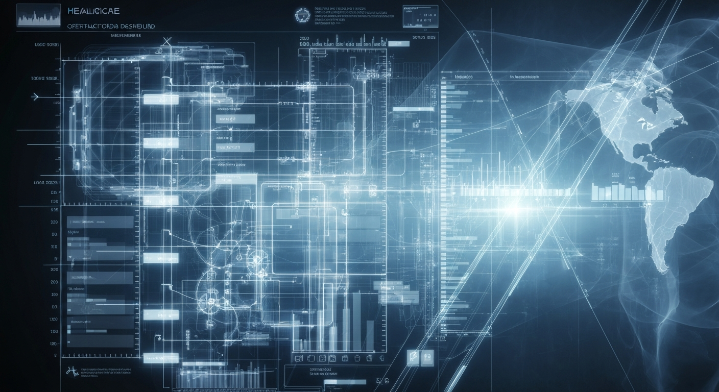 A translucent, ghostly X-ray photograph revealing the inner workings of a healthcare operations dashboard, with glowing lines and shapes suggesting the intricate systems and processes that power the industry.