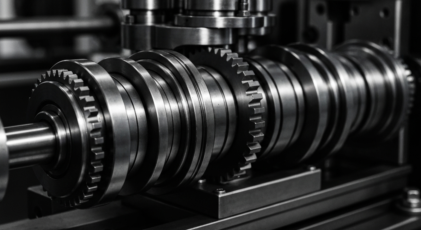 A highly detailed, black-and-white close-up image of the inner workings of a medical device manufacturing machine, with gears, motors, and other complex components filling the frame and conveying a sense of industrial power and precision.