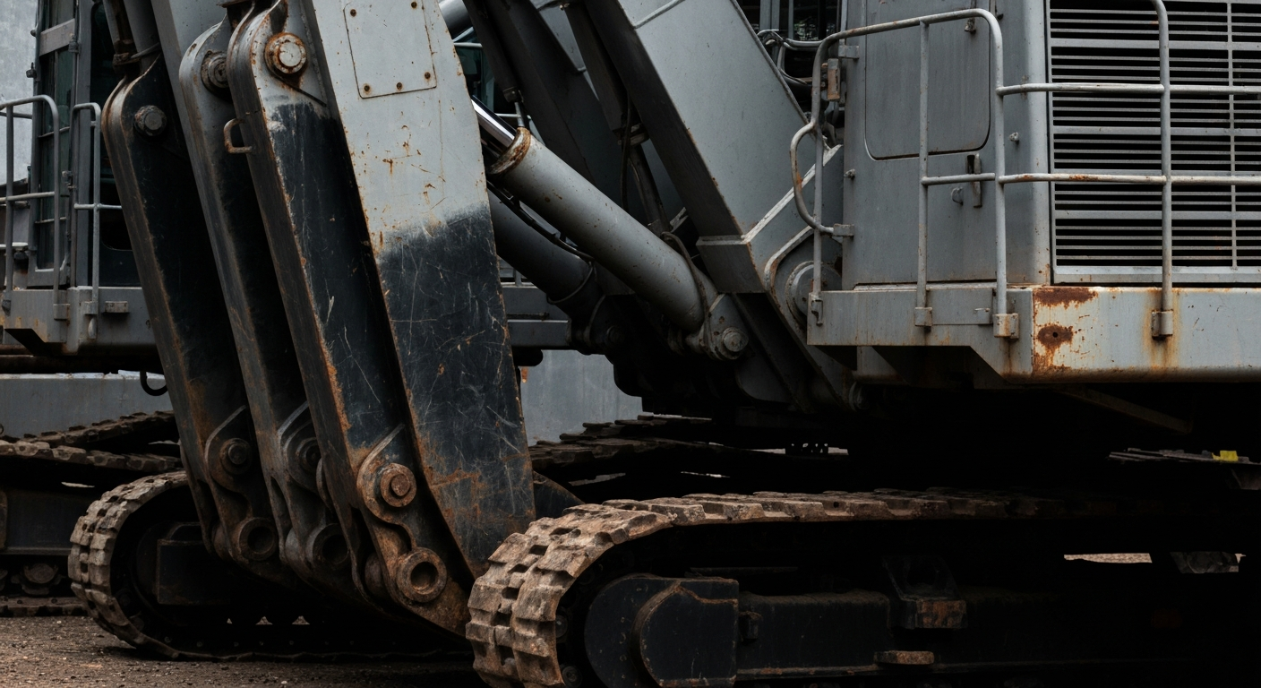 An extreme close-up of heavy, industrial construction equipment machinery in shades of steel grey, rust, and black, representing the tangible financial power and security of the equipment rental industry.