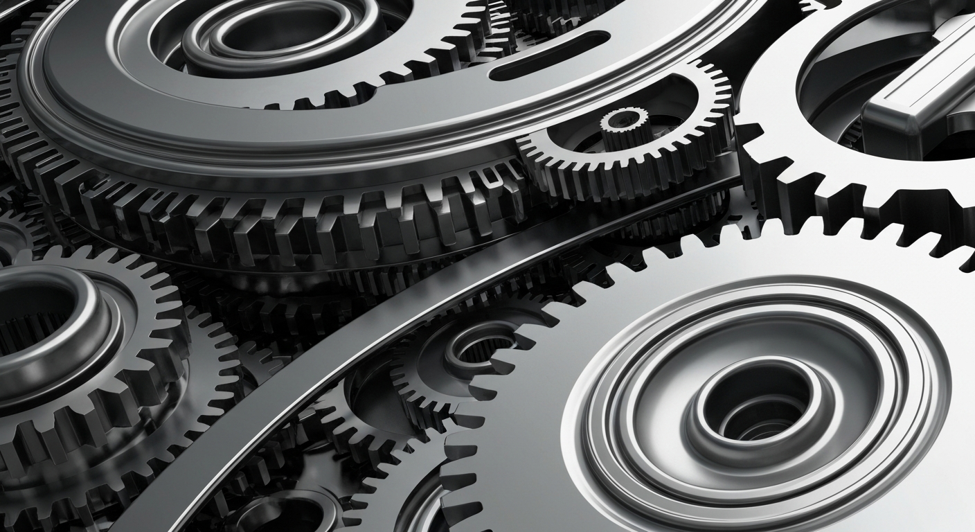 An extreme close-up of complex, interlocking metal gears and machinery in shades of steel grey and silver, representing the institutional power and financial infrastructure of the medical device industry.