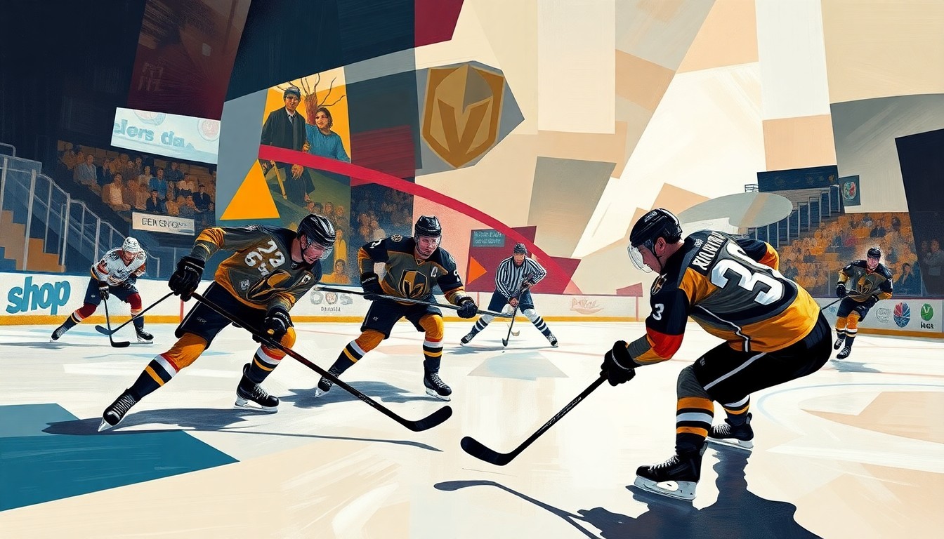 A fractured, multi-perspective painting depicting a hockey game between two teams, with the players and puck rendered in sharp, overlapping geometric shapes and planes, conveying the dynamic energy and high stakes of the matchup.