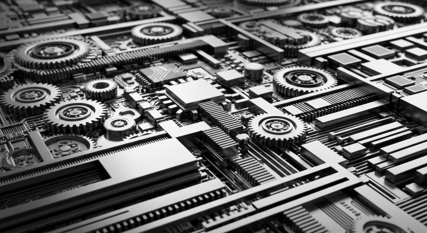 An extreme close-up of the intricate gears, circuits, and machinery that make up the financial infrastructure behind semiconductor companies, rendered in a cinematic, high-contrast style that emphasizes the industrial power and institutional forces shaping this sector.