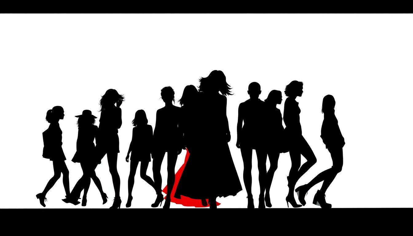 A dynamic, abstract composition of bold black shapes and vibrant red and white colors, conveying the energy and creativity of a youth-focused fashion event.