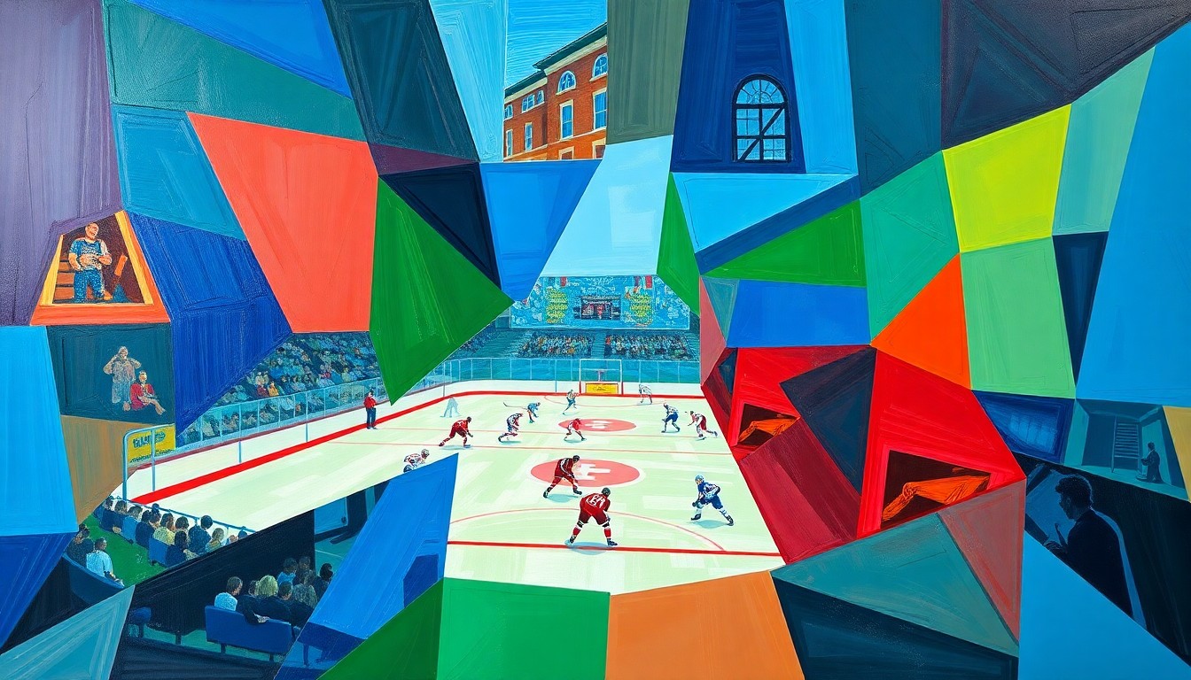 A cubist, geometric painting depicting the action of a college hockey game, with sharp, overlapping planes of color representing the players, the ice, and the energy of the event.