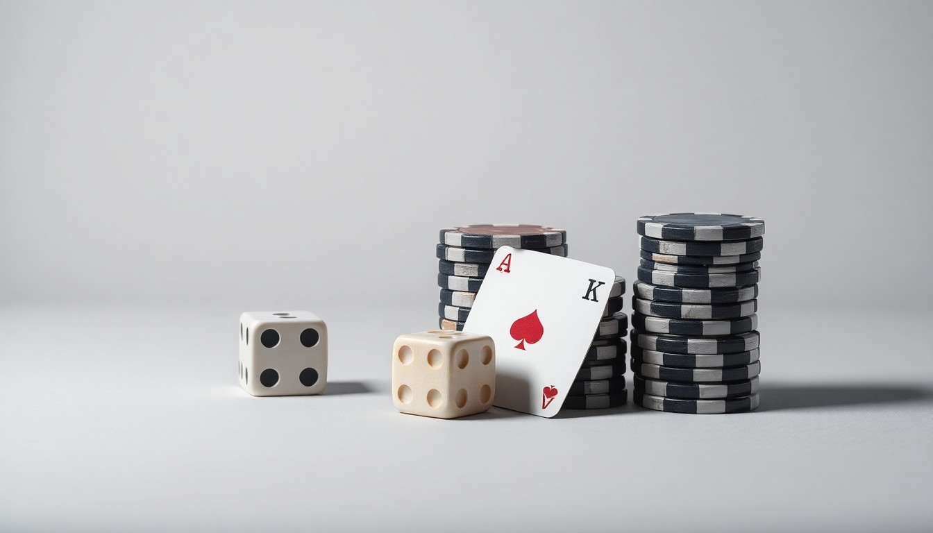A minimalist studio still life featuring a stack of casino chips, a pair of dice, and a single playing card arranged elegantly on a clean, monochromatic background, conceptually representing the opening of a new casino in Oklahoma.