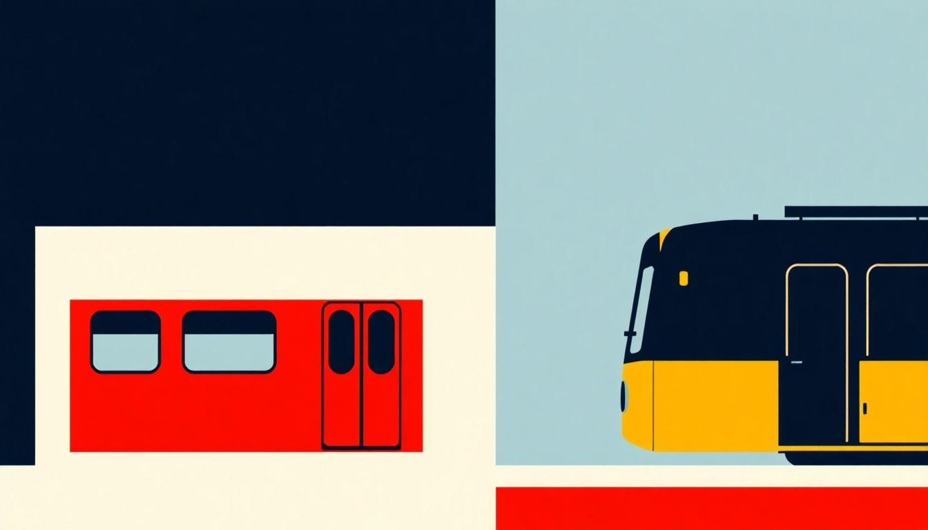 A minimalist abstract composition of intersecting triangles and rectangles in shades of blue, red, and yellow, conveying the conceptual tension between public sector costs and public services in a major city.