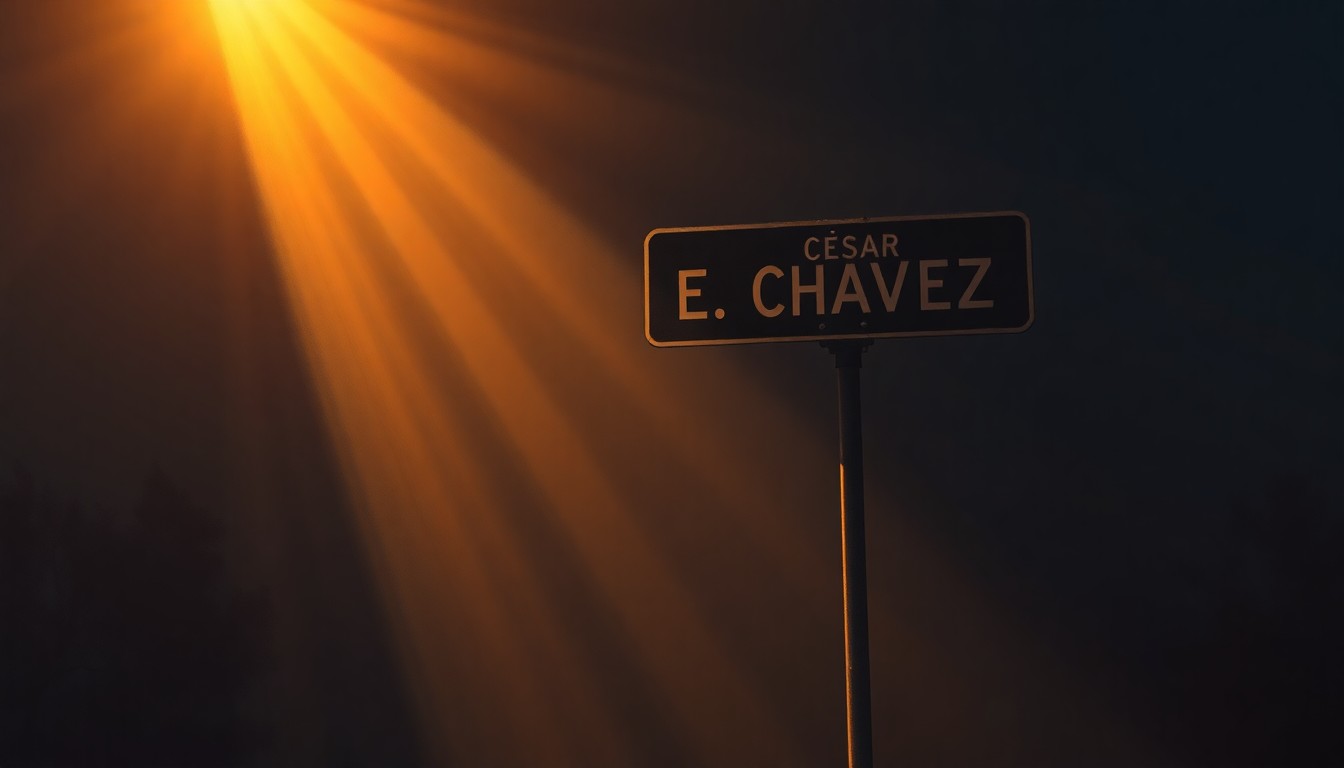 A photorealistic painting of a street sign for César E. Chávez Boulevard, with the sign bathed in warm, golden light and surrounded by deep shadows, conveying a sense of nostalgia and contemplation about the boulevard's legacy.