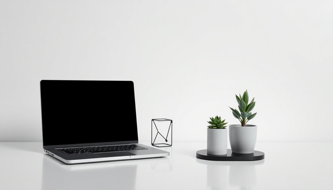 A photorealistic studio still life featuring a modern laptop, desk organizer, and potted plant, conveying the abstract concepts of corporate strategy and growth.