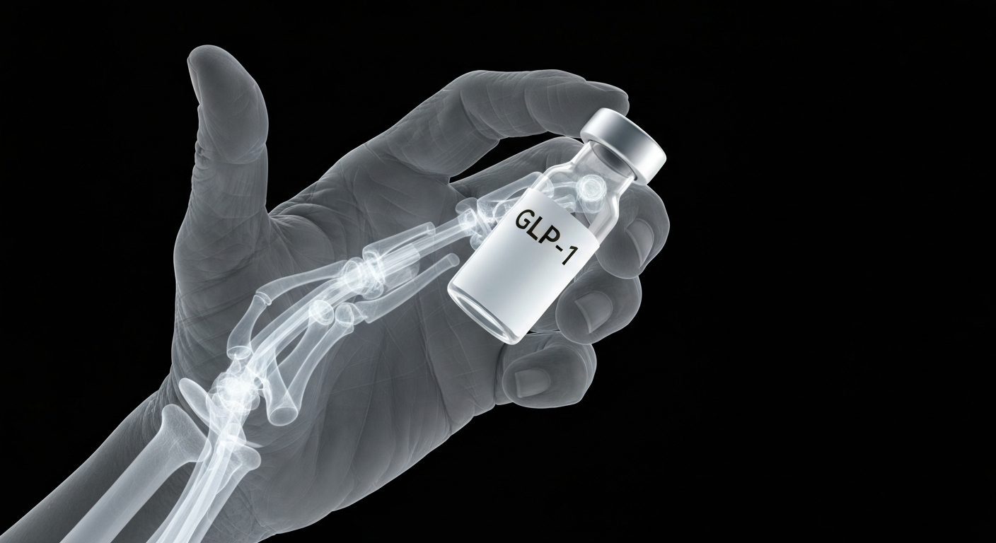 An extreme close-up X-ray photograph revealing the internal structure of an elderly hand holding a medication vial, conceptually illustrating the importance of access to innovative diabetes treatments for seniors.