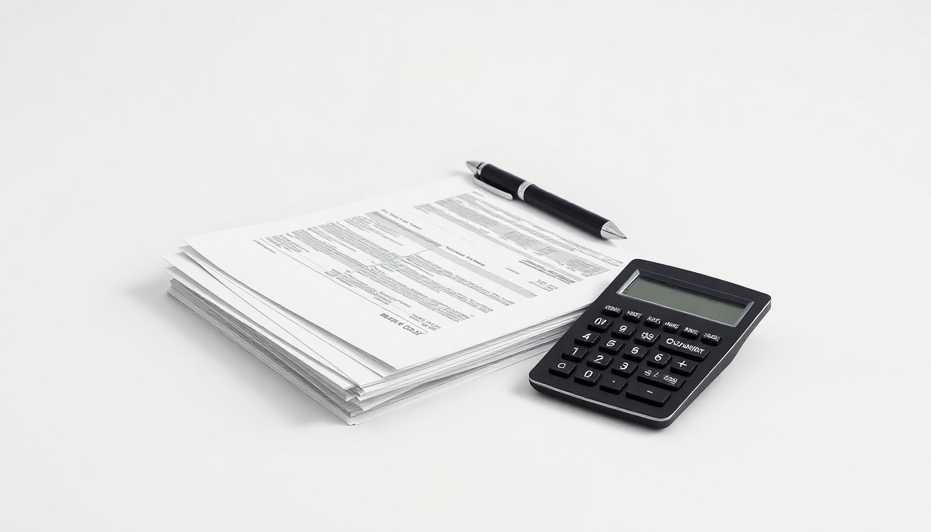 A photorealistic studio still-life featuring a stack of financial documents, a pen, and a calculator arranged on a clean, monochromatic background, conceptually representing the abstract concepts of corporate finance and investment strategy.