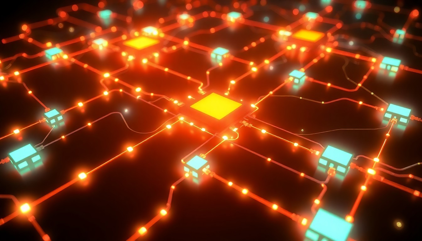 A highly detailed, 3D illustration of a complex network of glowing digital infrastructure, with neon lights pulsing to represent the flow of data and the need for coordination between different systems.