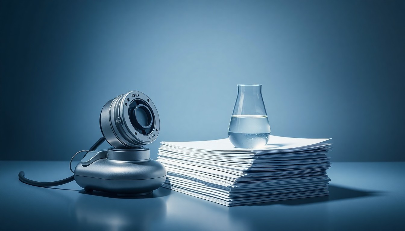 A high-end, photorealistic studio still-life photograph featuring a polished metal dialysis machine component, a glass beaker filled with clear liquid, and a stack of medical reports, conceptually representing the precision and innovation of Rockwell Medical's renal care products.