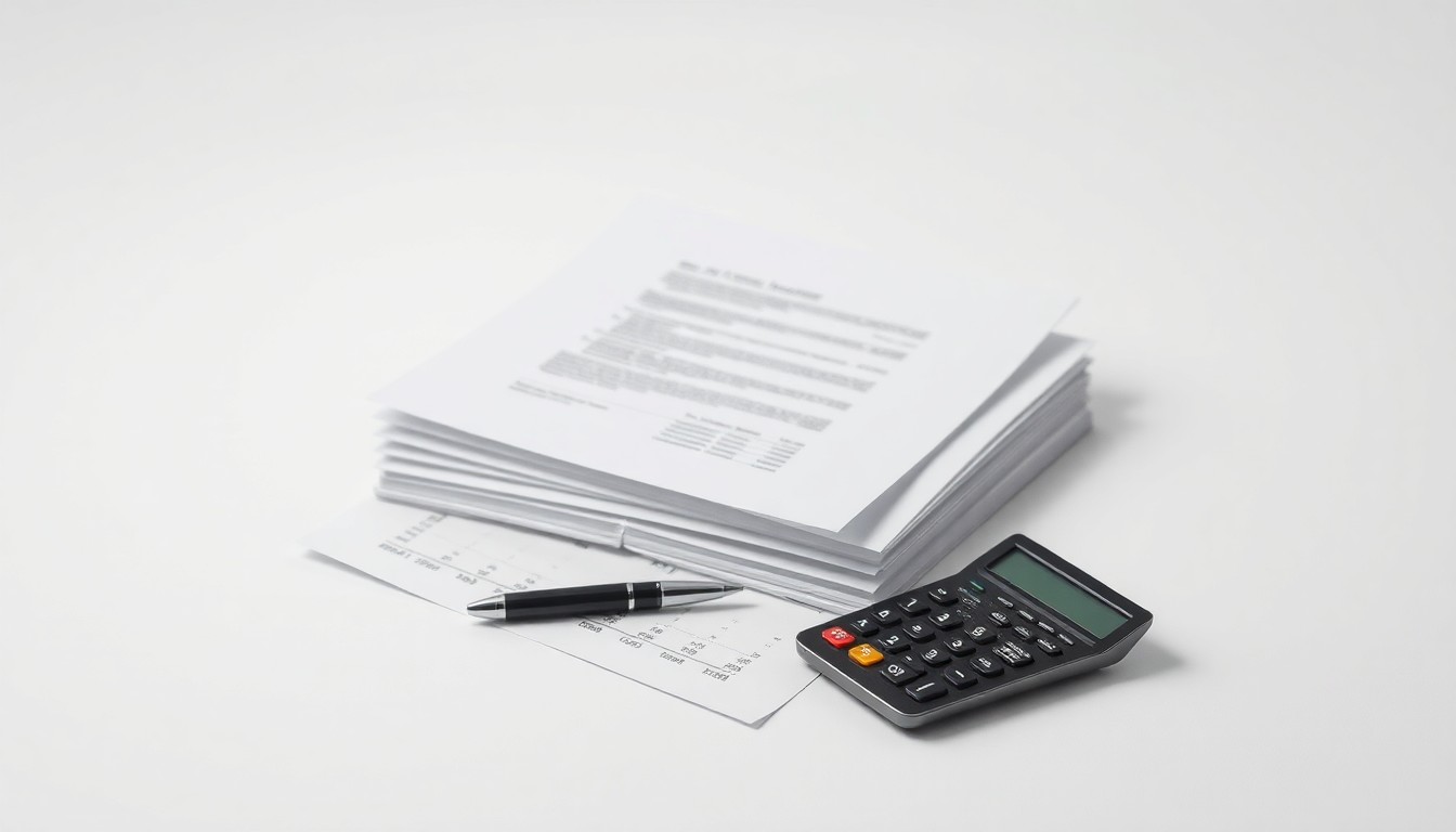 A photorealistic studio still life featuring a stack of financial documents, a calculator, and a pen arranged on a clean, monochromatic background, symbolizing the abstract concepts of corporate strategy, finance, and compliance.