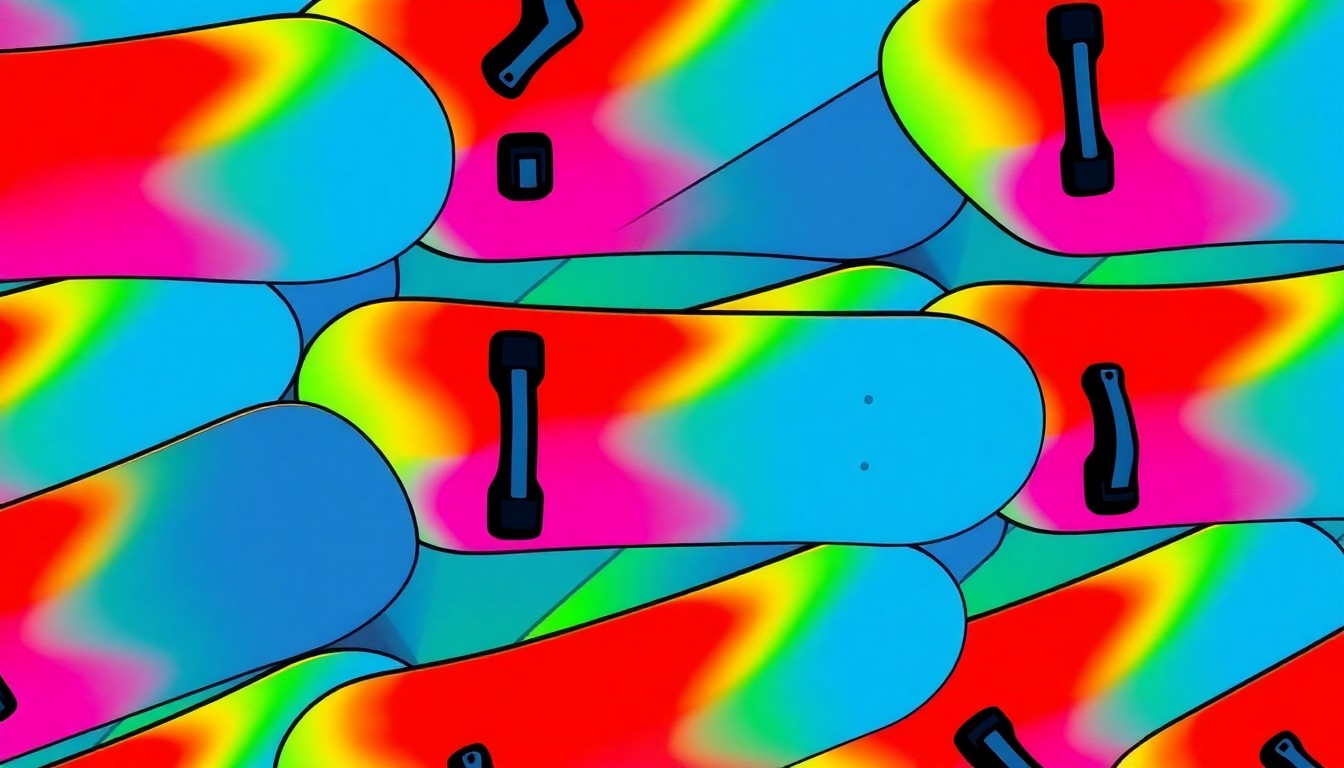 A bold, stylized grid of skateboard decks in neon colors and high contrast, conceptually representing the vibrant youth culture and recreational activities that were meant to be the focus of Orangeburg's now-delayed skatepark project.