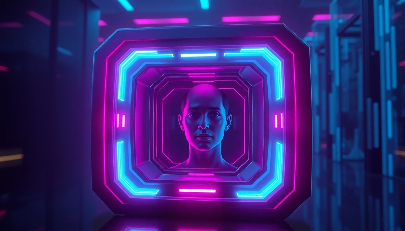 A highly detailed 3D illustration of a futuristic biometric security scanner, glowing with neon cyan and magenta lights. The device features sleek, angular metallic housing and a central camera lens that scans a person's face, conceptually representing the advanced technology used to verify identities.