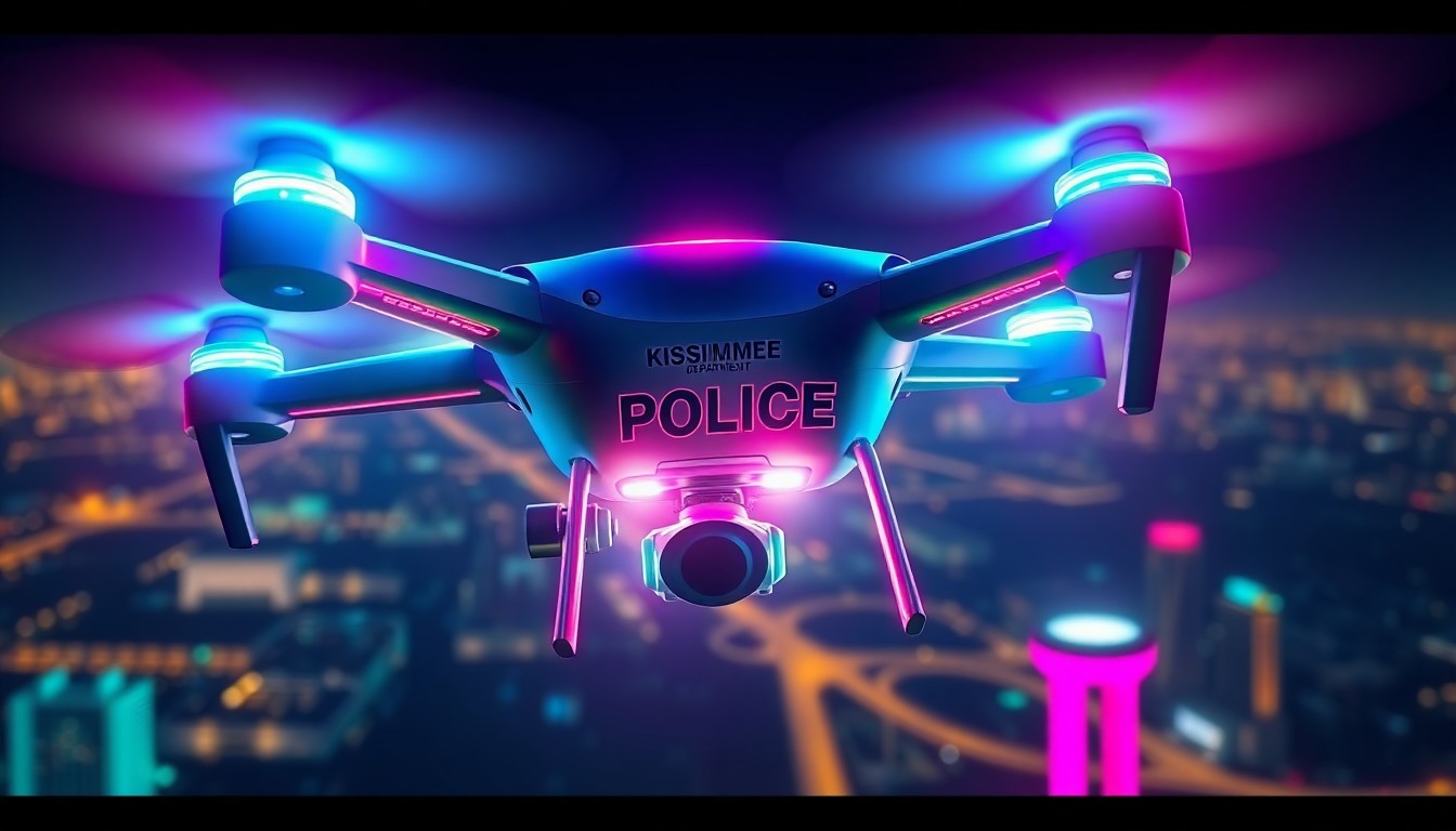 A highly detailed, glowing 3D illustration of a police drone, its fuselage and propellers illuminated by vibrant neon lights, hovering above a cityscape, conveying the advanced technology and capabilities of Kissimmee's new aerial law enforcement tools.