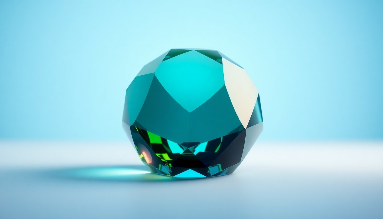 A photorealistic studio still-life image featuring a polished, geometric glass paperweight or sculpture in shades of blue and green, representing the clarity and focus that Authentica Group's programs aim to instill.