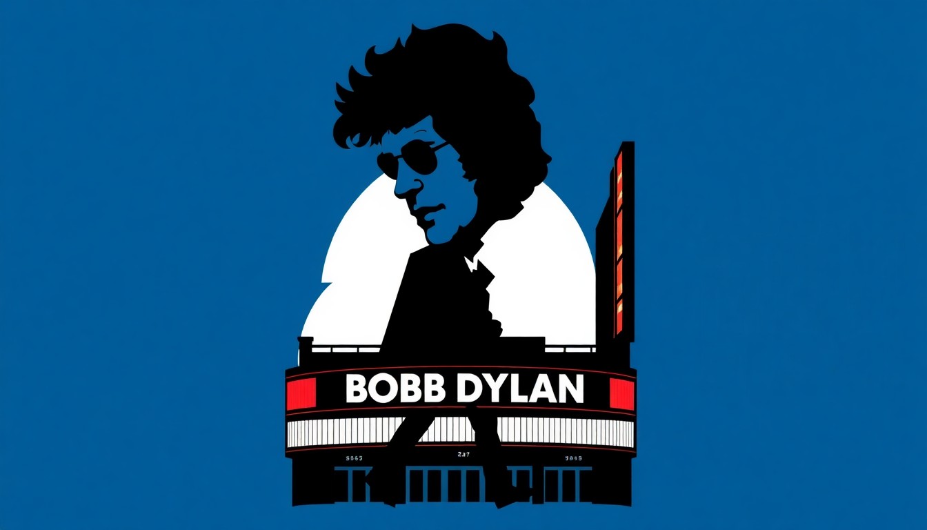 A bold, abstract illustration featuring jagged geometric shapes in shades of blue, grey, and black, conceptually representing Bob Dylan's iconic silhouette and the grand architecture of the Palace Theatre.