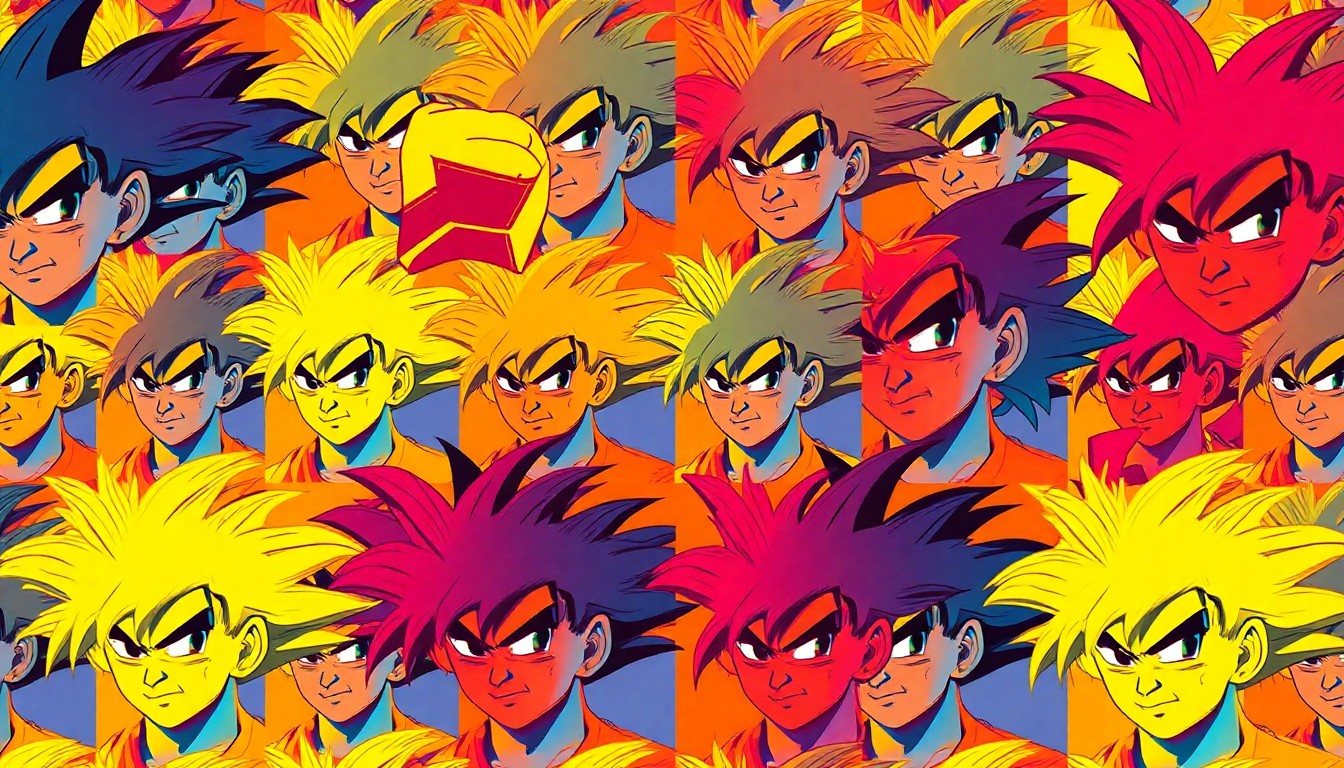 A high-contrast, silkscreen-style illustration of an iconic anime character, such as Goku from Dragon Ball Z, repeated in a grid pattern with bold, neon-inspired colors and heavy black outlines, conceptually representing the celebratory spirit of the Spring AnimeFest event.