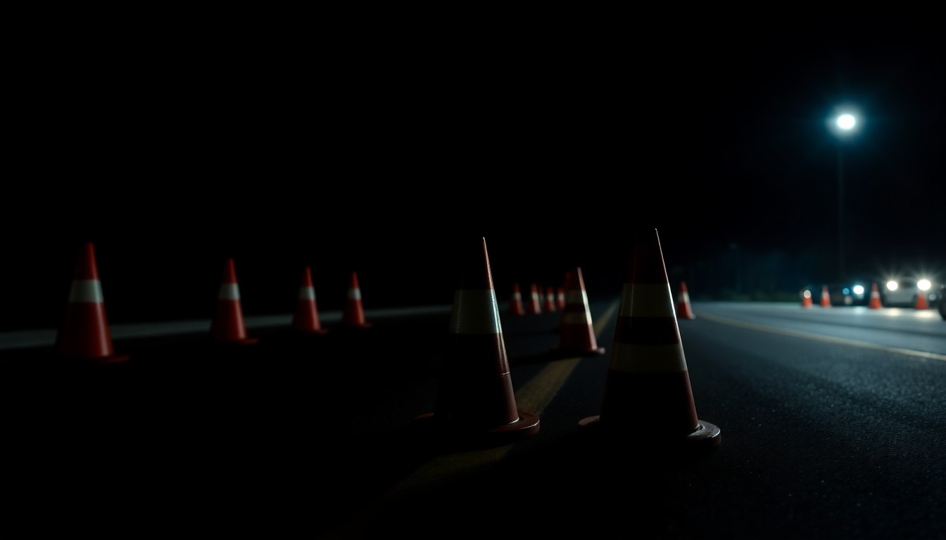 An extreme close-up photograph of police barricades on the roadway, lit by a harsh, direct camera flash against a pitch-black background, creating a stark, gritty, investigative aesthetic.