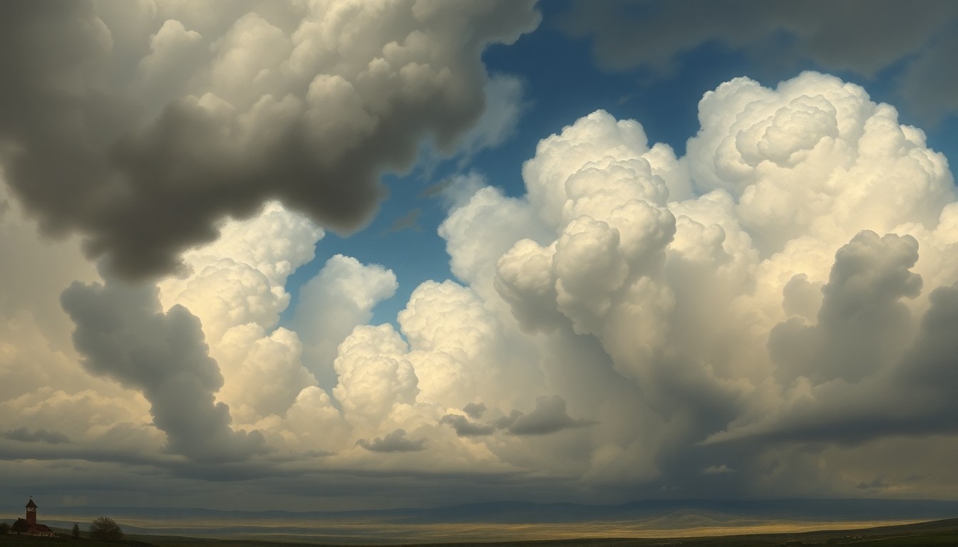 A vast, majestic landscape painting in the style of Caspar David Friedrich, depicting a dramatic, stormy sky filled with heavy, billowing clouds that dwarf any physical structures or elements in the foreground, conveying the overwhelming power and scale of the natural world.