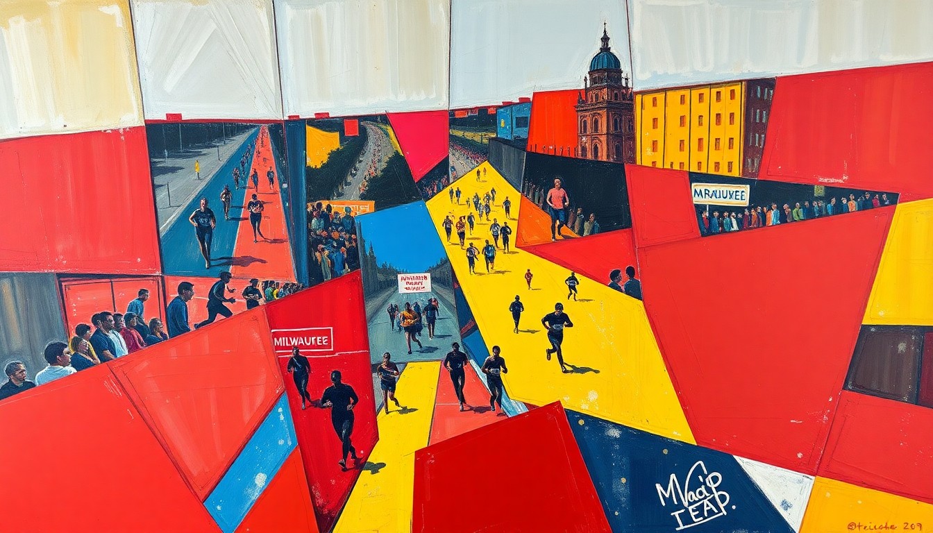 A cubist-style painting featuring fragmented, geometric shapes in bright primary colors that abstractly depict runners, spectators, and the marathon course, conveying the energy and community of the event.