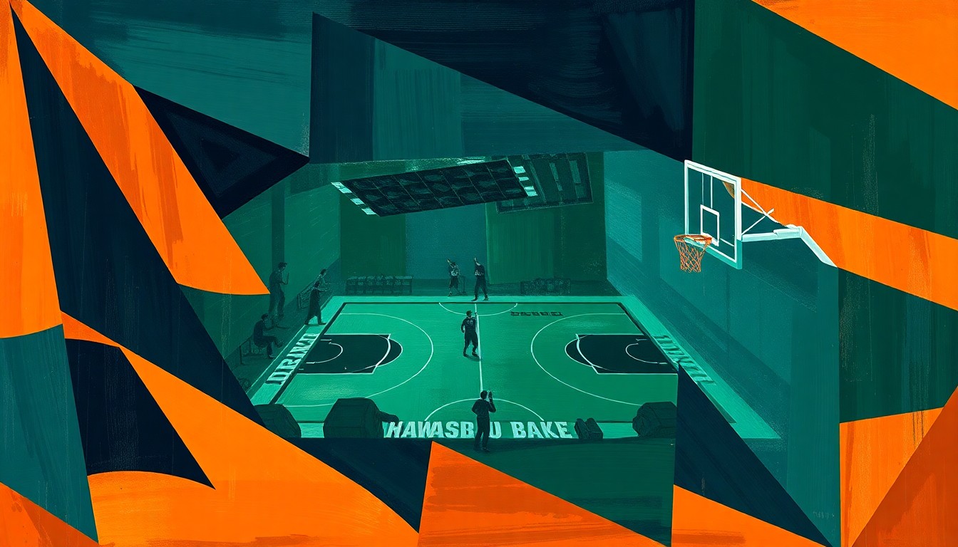 A fragmented, geometric painting in navy, green, and orange hues, conceptually representing the dynamic action and competitive spirit of a college basketball matchup.
