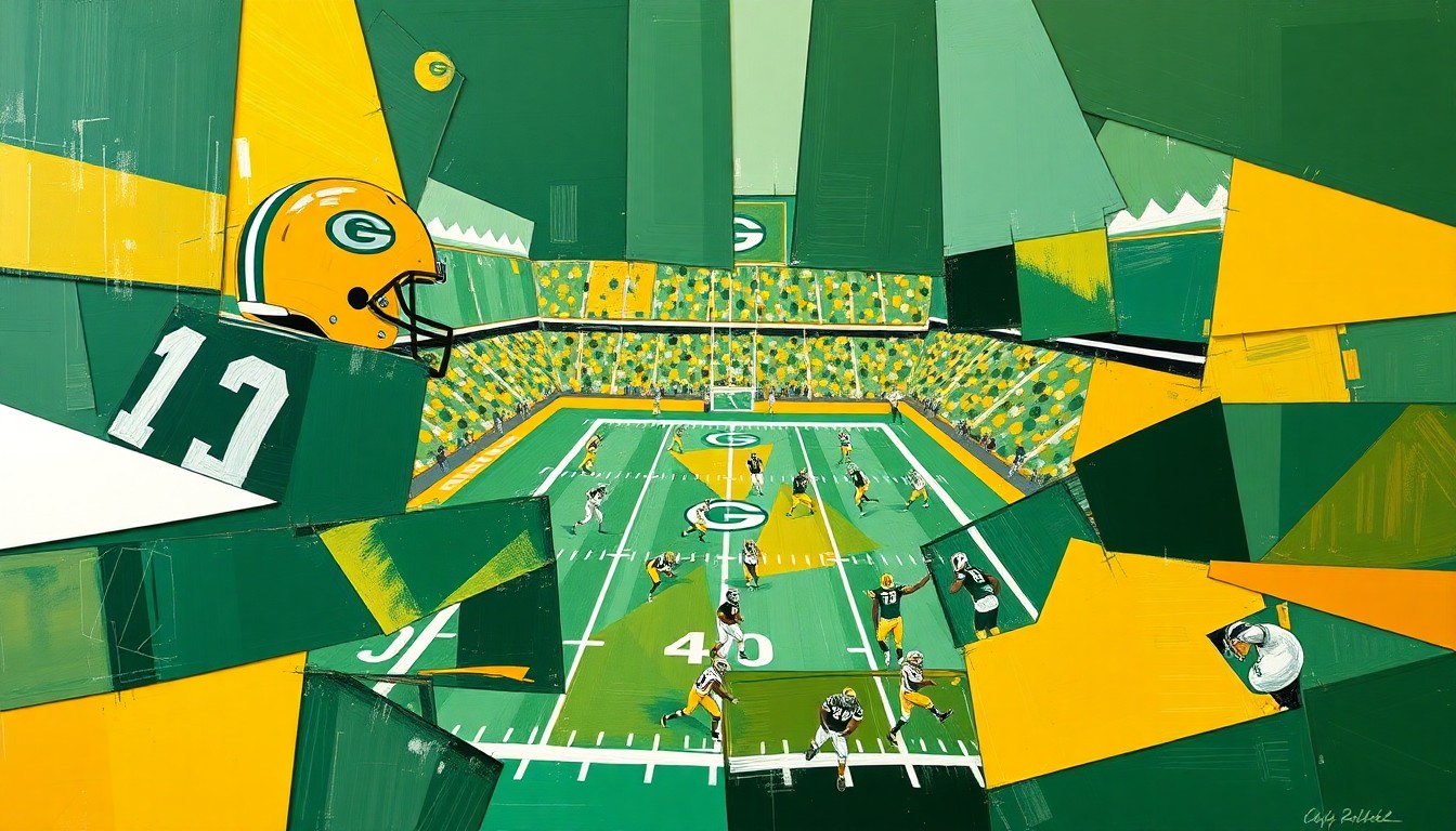 A cubist, geometric painting in shades of green, gold, and white, depicting a fragmented, multi-perspective view of a football game or match, capturing the dynamic energy and strategic complexity of the sport.